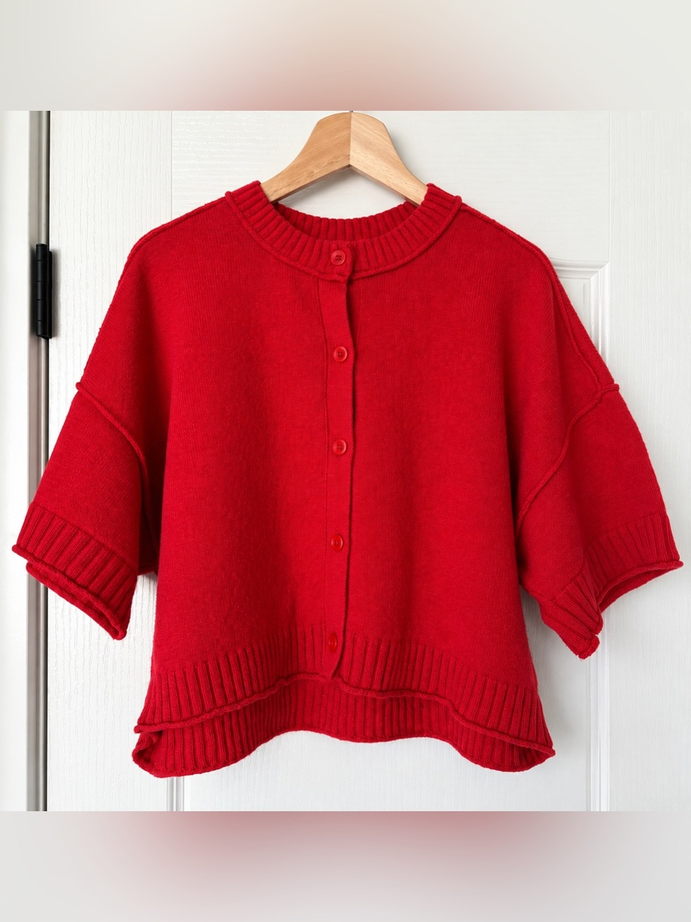Anthropologie Pilcro Red Cotton Wool Short Sleeve Cardigan Size M